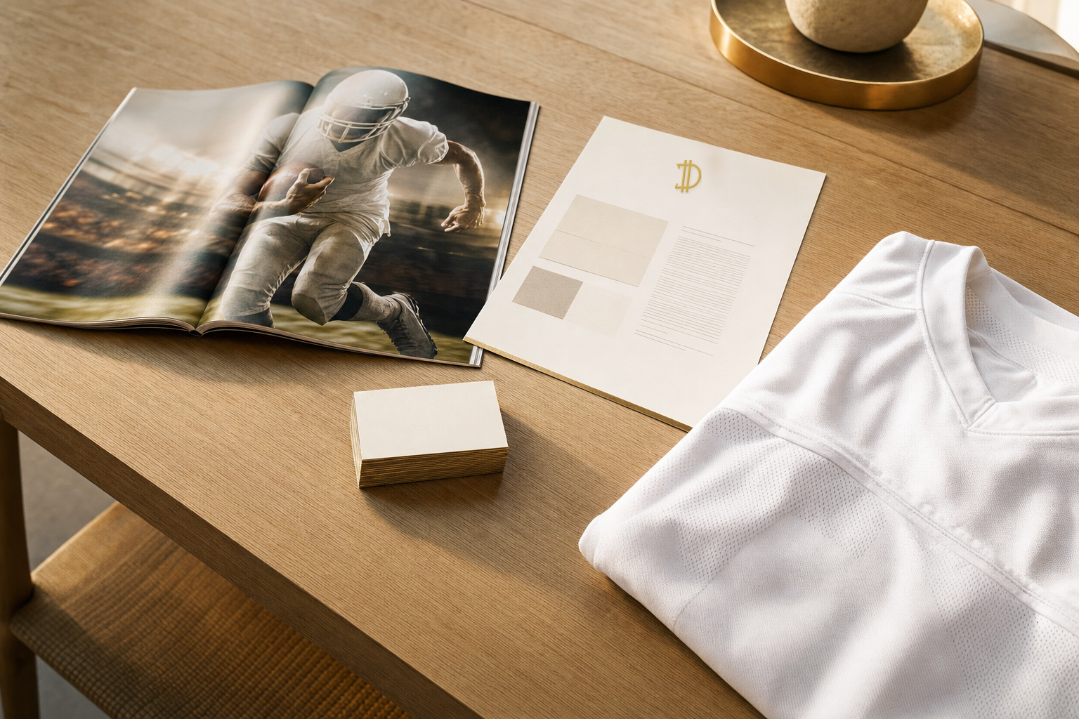 A magazine spread, a printed one-sheet carrying a gold Dollar Performance monogram, a stack of blank cards and a folded white jersey laid out on an oak table in daylight.