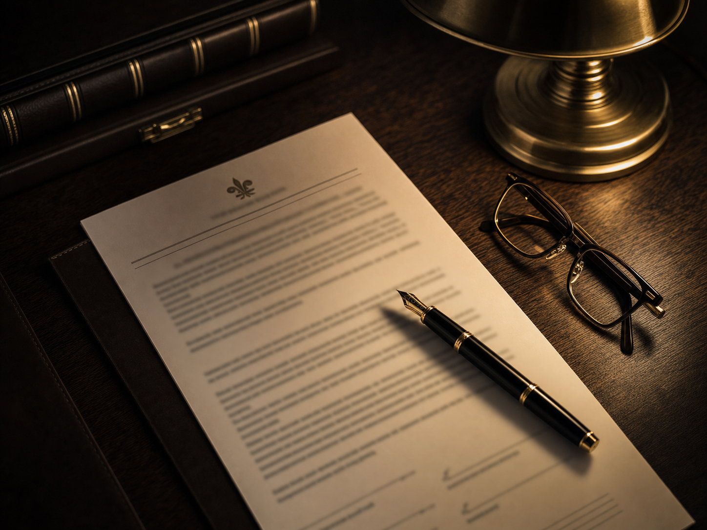 A contract, fountain pen and reading glasses on a dark desk under a single lamp.