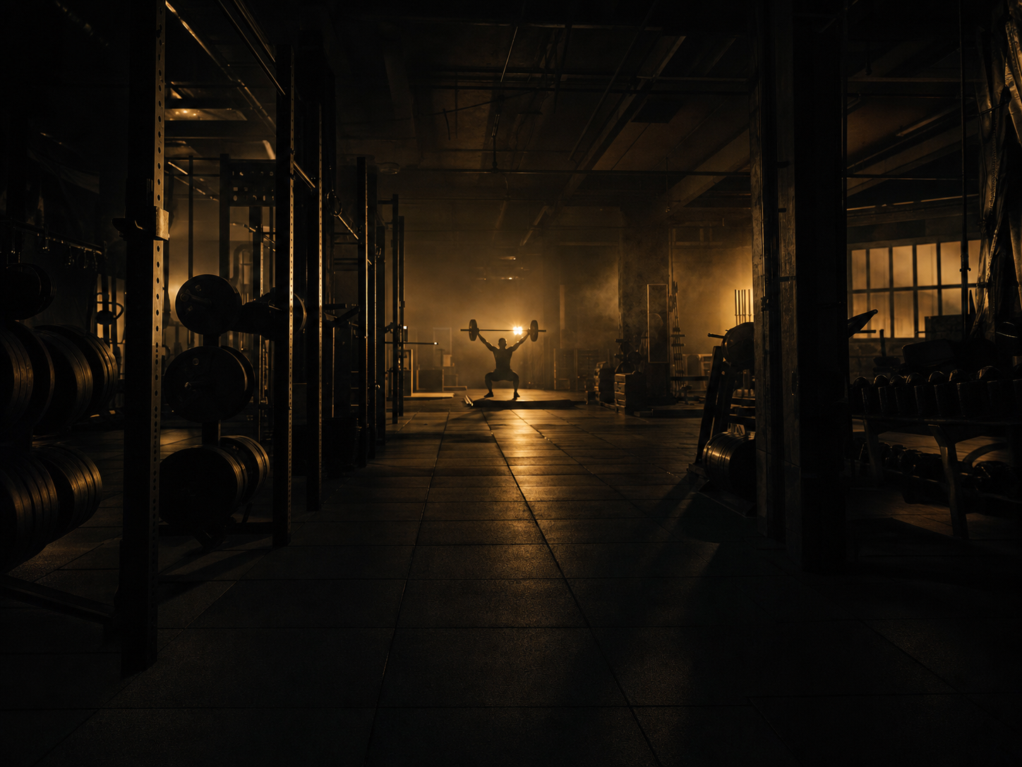A weight room at night with a single athlete silhouetted mid-lift under a warm light.