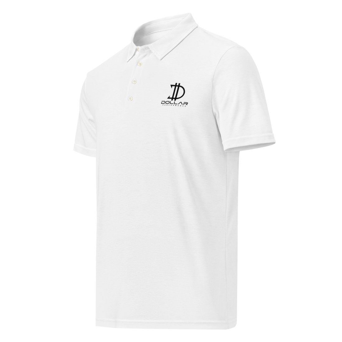 White short-sleeve performance polo with the black Dollar Performance logo embroidered on the left chest.