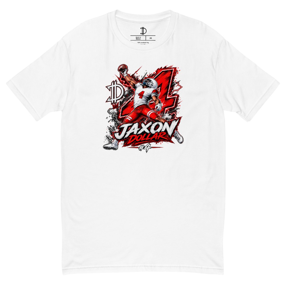 White t-shirt with a red and grey illustrated graphic of a number four football player making a one-handed catch above the words Jaxon Dollar.